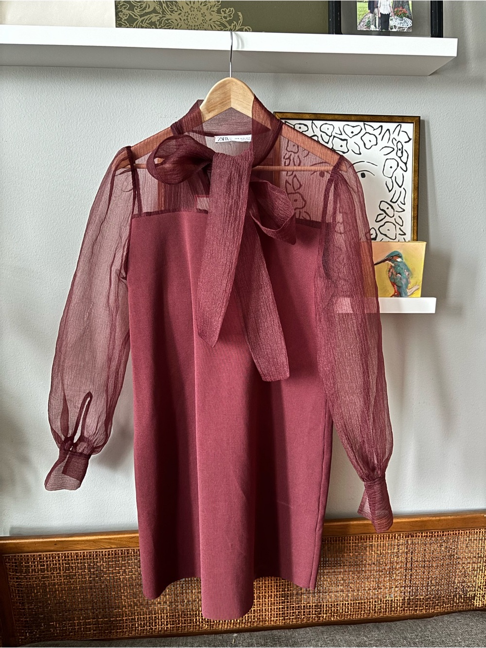 XL Zara Sheer Long-Sleeve Mini Dress in Burgundy